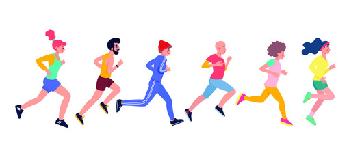 Men and women dressed in sports clothes running marathon race. Marathon race group. Flat cartoon characters isolated on white background. 