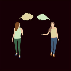 Two girls go and talk. Young women in summer clothes chatting. Conversation of two people walking. People talk. Isolated vector illustration