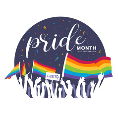 Pride month banner with LGBTQ people raised their hands up , waving flags , holding banners to show their pride vector design