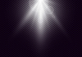 Glowing light effect on transparent background with lens. White flash realistic effect. Vector illustration.