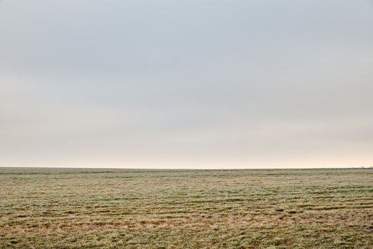 Moody Abstract Landscape Shot In The Countryside With Meadow In The Foreground And Grey Sky With High Fog In The Background. Seen In Bavaria, Germany In January