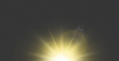  Sun flash with gold glitter effect. Star burst.Yellow light on dark background. Vector realistic illustration 