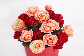 Valentines Day romantic background with flowers roses . Valentine Card with copy space. Flowers in gift box. Valentine's day greeting card template February 14. Happy Birthday or wedding postcard