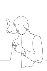 Vector drawing of a smoking man. A man in a coat with short hair exhales smoke and holds a cigarette. One continuous line drawing of a smoker.