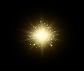 Star burst. Sun flash with gold glitter effect. Yellow light on dark background. Vector realistic illustration 