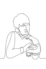 Sketch of a young man with an old-fashioned vintage telephone. A young guy talking on a landline phone. One continuous line drawing of a man holding an outdated phone