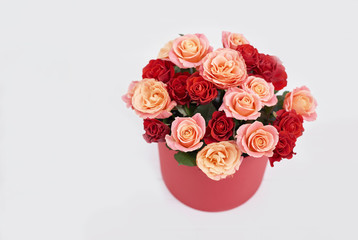 Valentines Day romantic background with flowers roses . Valentine Card with copy space. Flowers in gift box. Valentine's day greeting card template February 14. Happy Birthday or wedding postcard