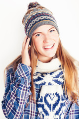young pretty blond woman in hat and winter scarf smiling cheerful on white background, lifestyle people concept