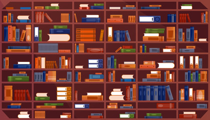 Large Bookcase with books. Library book shelf interior. Books and knowledge. Vector illustration pattern © Igor
