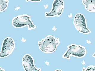 Background with cute cartoon baby Seal, Harp Seal Pup.