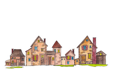 watercolor illustration with houses and buildings, many houses in the city