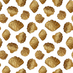Seashells gold seamless pattern. Hand painting golden shells background.