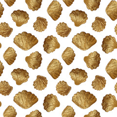 Seashells gold seamless pattern. Hand painting golden shells background.