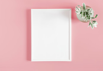 Beautiful flowers composition. Blank frame for text, flowers on pastel pink background. Flat lay, top view, copy space