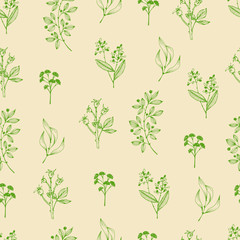Fototapeta na wymiar Vintage hand drawn pattern with linear herbs. seamless pattern for decoration design. Beautiful fashion art. Eps 10 vector illustration. Decorative design for fabric, textile, wallpaper, background