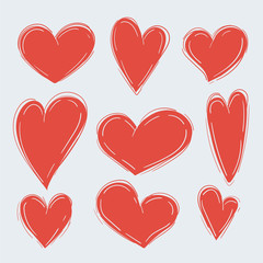 Set of various simple red hearts on white