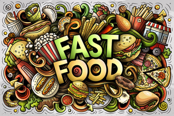 Fastfood hand drawn cartoon doodles illustration. Colorful vector banner