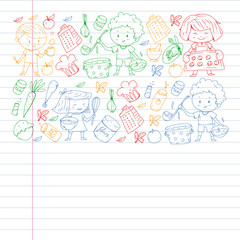 Healthy food and cooking. Fruits, vegetables, household. Doodle vector set.