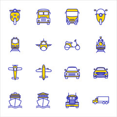 Transportation and vehicle icons pack. Isolated transportation and vehicle symbols collection. Graphic icons element