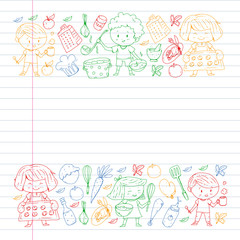 Healthy food and cooking. Fruits, vegetables, household. Doodle vector set.