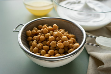 vegan cooking concept, egg replacement , chickpea's whipped liquid (called aquafaba)