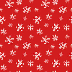 Beautiful white snowflakes on a red background. Seamless pattern for a festive decoration. Vector.