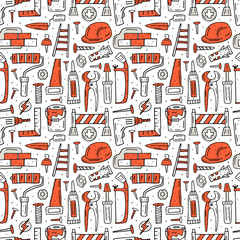 Home repair tools, instruments cartoon cute hand drawn doodle vector seamless pattern, texture, backdrop. Funny colorful design. Isolated on white background. Building decorative design elements.  