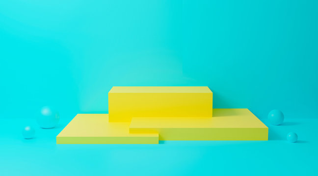 Fototapeta 3d blue podium. Abstract pastel on wall background with geometric shape. Bright yellow cubes for promotion. 3d render design for display product and presentation on website. Creative idea minimal.