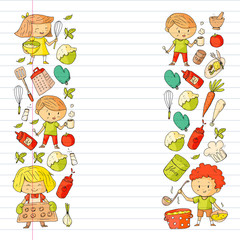 Healthy food and cooking. Fruits, vegetables, household. Doodle vector set.