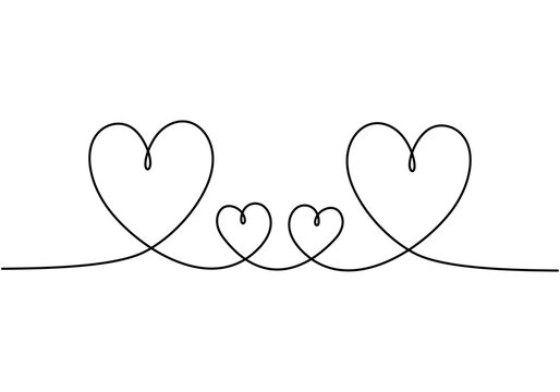 Hearts Love Symbol, One Line Drawing. Concept Of Family Members. Metaphor Of Care, Friendship, Romance, Romantic, And Minimalism.