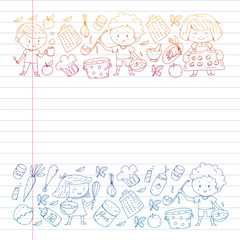 Healthy food and cooking. Fruits, vegetables, household. Doodle vector set.