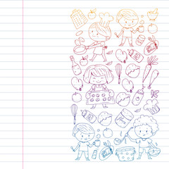 Healthy food and cooking. Fruits, vegetables, household. Doodle vector set.