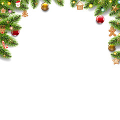 Green Fir Tree Border With Christmas Toys Isolated White Background