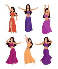 Set of beautiful oriental women in traditional clothes. Girls in costumes for belly dancing in different poses in a flat style. The dancers in the bedle. A bodice and a wide skirt with a slit