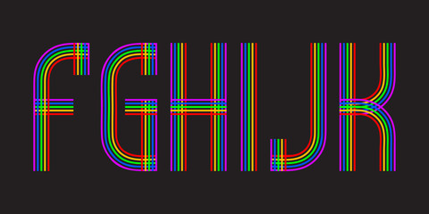 F, G, H, I, J, K multicolored lines letters. Isolated stylish font.