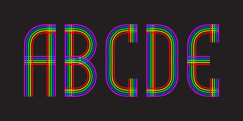 A, B, C, D, E multicolored lines letters. Isolated stylish font.