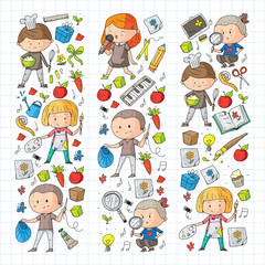 Fototapeta premium Back to school vector pattern. Education icons for children.