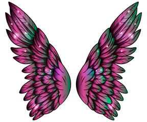 Beautiful magic glittery pink green gradient wings, hand drawn vector