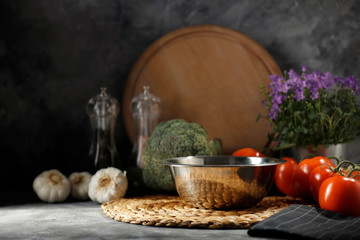 Desk of free space for your decoration and copy space.Morning sun light and dark wall background with shadows. 