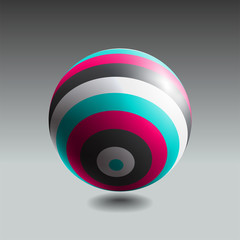 Color striped sphere with realistic light and shadow. Abstract 3D vector object.
