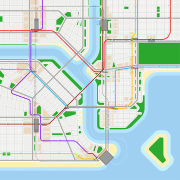 Metro or subway map design template. City transportation scheme concept. Rapid transit system. Vector illustration