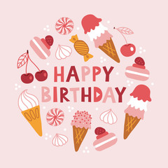 Greeting card with ice cream, macaron, candy, cherry, meringue