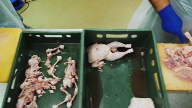 men disjoint chickens at table in production workshop