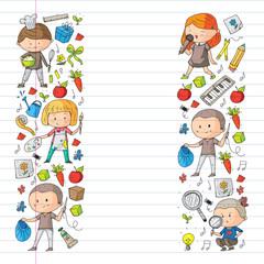 Naklejka premium Back to school vector pattern. Education icons for children.