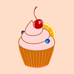 Flat vector illustration of a cream cake with a cherry. Shekoladny cream with berries and fruits in a basket of shortcrust pastry.