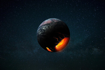 Apocalypse on planet Earth. Collision of a planet with asteroid in space. Core of the planet with...