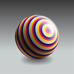 Color striped sphere with realistic light and shadow. Abstract 3D vector object.