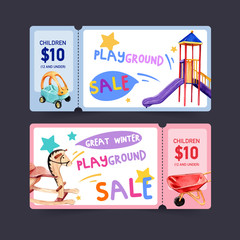 Playground ticket design with slide, rocking horse watercolor illustration.