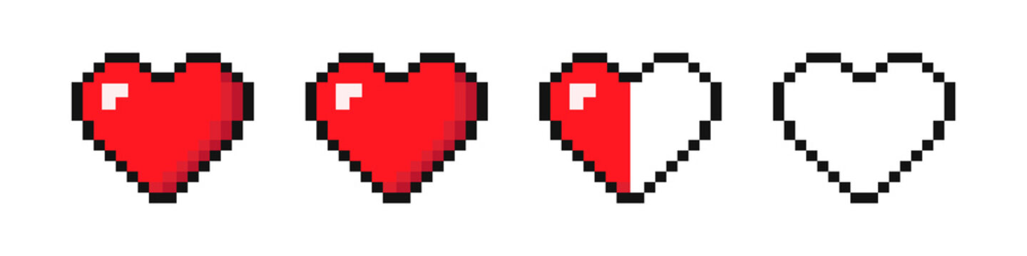 Set of pixel hearts with video games isolated on white background. '8-bit style. Vector illustration