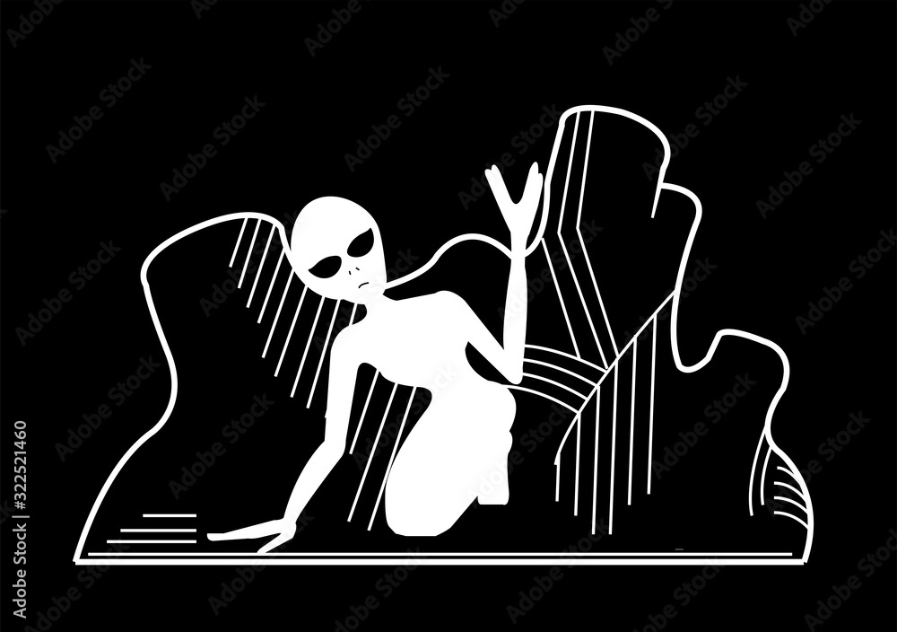 Fototapete an alien peeps out from behind bushes and greets with a gesture. computer graphics. white outline on